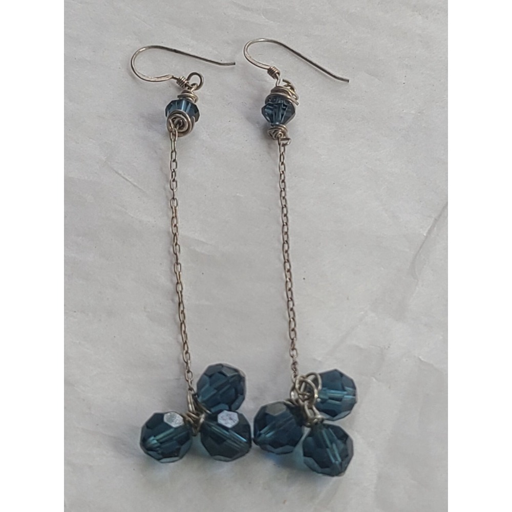 Handmade Sterling Silver 925 Blue Crystal Dangle Earrings  Silver Chain & Hook